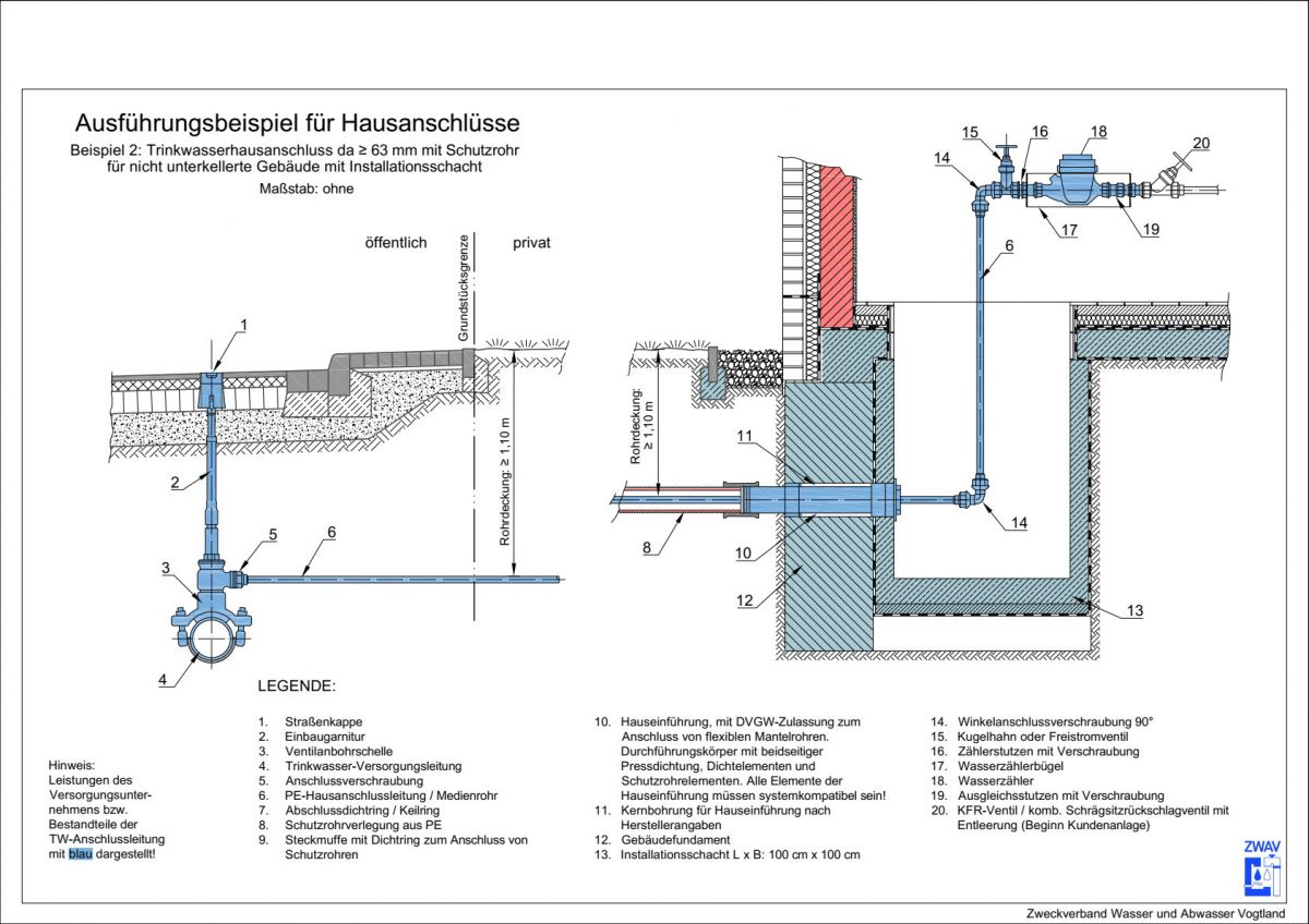 Trinkwasserhausanschluss da ≥ 63 mm mit Schutzrohr für nicht unterkellerte Gebäude mit Installationsschacht